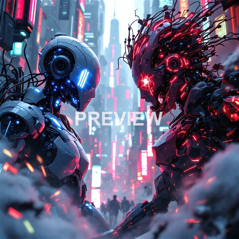 Two highly detailed, futuristic humanoid robots face each other in a cyberpunk cityscape illuminated by neon lights, with sparks and smoke around them.